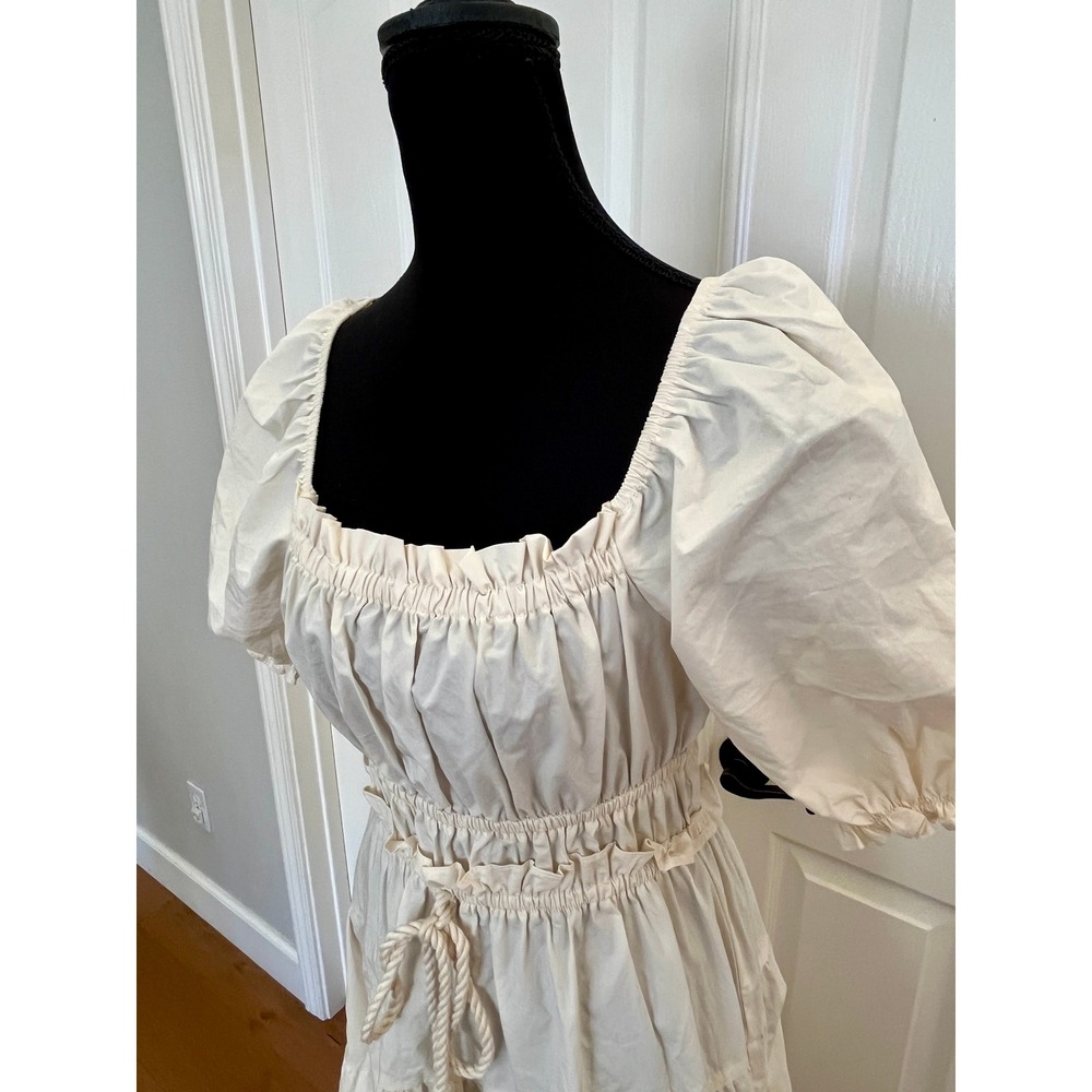 Moon River Midi Dress Womens XS Cream New Puff Sleeve Smocked Tiered Tassel